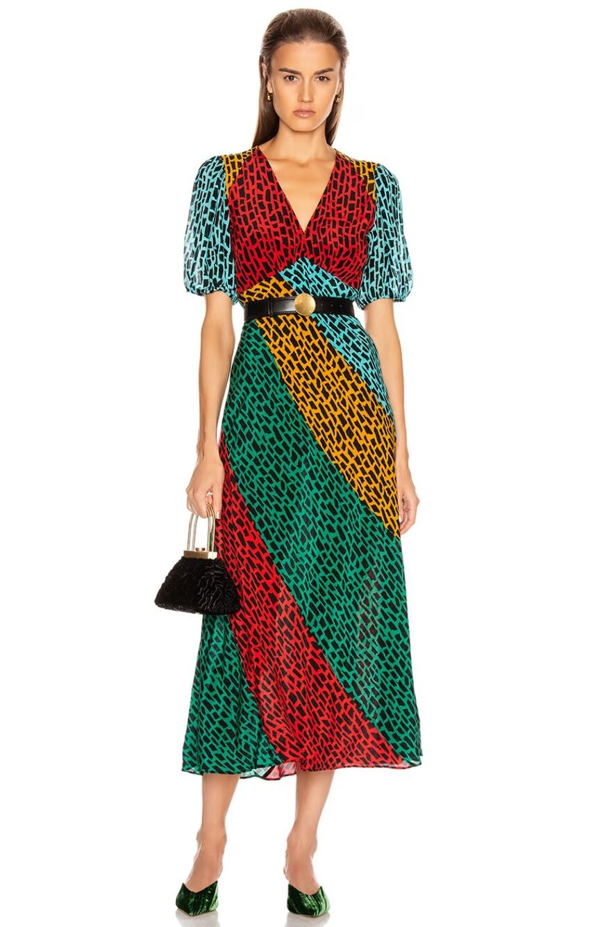 Rixo Amber Tricolor Giraffe Animal Print Maxi Silk Dress Size Medium